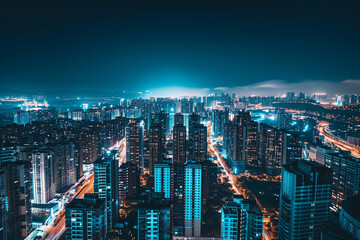 Naklejka premium City Skyline at Night: Aerial View of Illuminated Skyscrapers