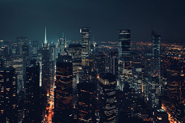 Fototapeta premium City Skyline at Night: Aerial View of Illuminated Skyscrapers