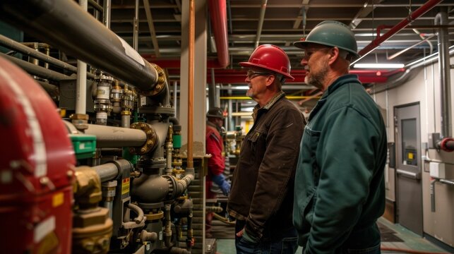 Two workers navigate through the maze of piping and wires in the buildings mechanical room to install a fire suppression system.