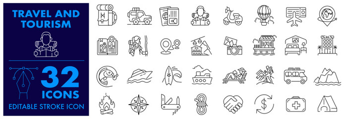 Travel and Tourism Editable Stroke icon sets. Traveller, vacations and holiday traveling, adventurer, Trekker and vacation Vector elements.