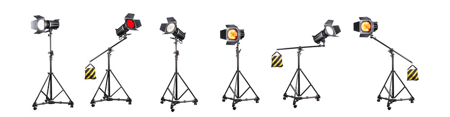 Obraz premium Photography studio flash on a lighting stand isolated on white background.