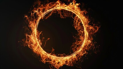 Perfect circle of roaring flames, creating a ring of fire, solid black background, striking visual impact
