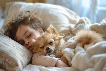 A child is sleeping with a small dog on a bed. Concept of warmth and comfort, as the child