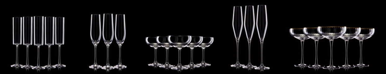 Set of different empty glasses for drinks and cocktails on black background