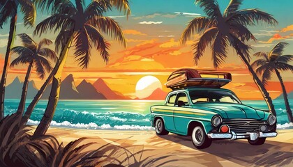 car on beach with palms and sunset, art design,