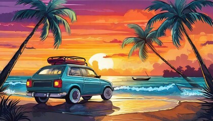 car on beach with palms and sunset, art design,