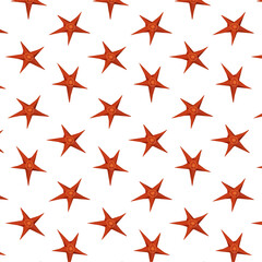 Seamless pattern for fabric and textiles. Brown starfish on a white background. Print for T-shirts and clothes. Vector cartoon illustration. Ornament for packaging and wrapping paper. Summer time.