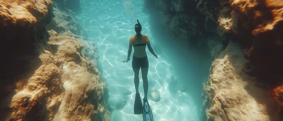 A snorkeler explores a crystal-clear underwater canyon between rocks, experiencing the beauty of marine life and crystal-clear waters.
