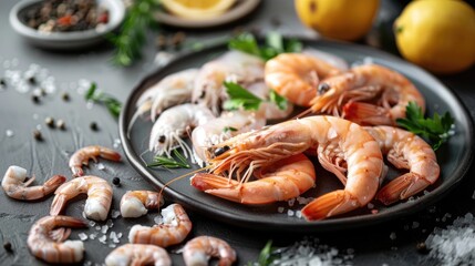 Preparing Raw Shrimps and Squids on a Plate for Cooking