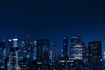 Fototapeta premium City Skyline at Night: Aerial View of Illuminated Skyscrapers