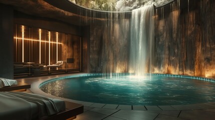 Luxurious indoor spa with waterfall, ambient lighting, pool, and cozy loungers, perfect for relaxation and unwinding.