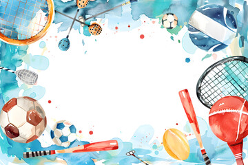 Cute cartoon sports equipment frame border on background in watercolor style.
