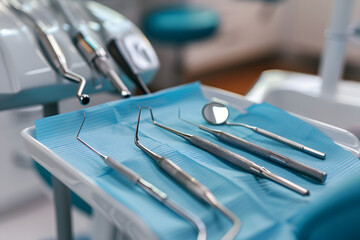 Dentists room office. Closeup of different dental instruments and tools.