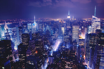 Obraz premium City Skyline at Night: Aerial View of Illuminated Skyscrapers
