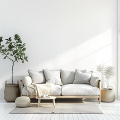 A white couch with a white throw blanket on it sits in front of a wall
