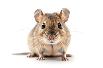 Closeup Portrait of Curious and Alert Small Furry Mouse Rodent Mammal Against Clean White Background