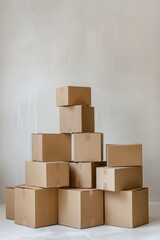 Neatly stacked cardboard boxes, minimal style, white space, clean lines, subtle and modern