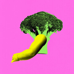 Contemporary art collage. Surreal artwork in vibrant trendy colors. Broccoli with doll's arm...