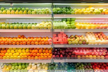 Fresh fruits on shelves in supermarket.