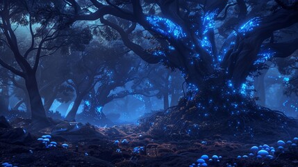 Mysterious dark forest, gnarled trees and glowing blue mushrooms, otherworldly mist, enchanting yet eerie ambiance
