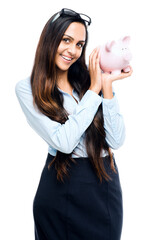 Portrait, piggy bank and business woman with savings, finance or broker invest isolated on white...