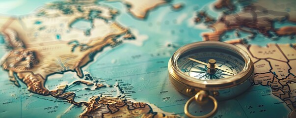 Magnetic old compass on a world map. The antique compass and detailed map evoke a sense of exploration and adventure, highlighting travel and geography themes