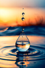 water drop in splash, with ripples and reflections, falling gracefully amidst