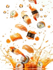 sushi exploded view, splash, white background