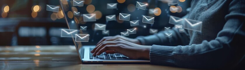 Digital communication concept with emails floating around a person using a laptop, vibrant, techsavvy scene
