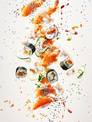 sushi exploded view, splash, white background