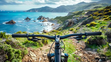 Biking along a rugged trail with stunning coastal views, showcasing the thrill of outdoor adventure and exploration, bright and engaging