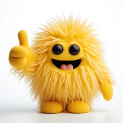 Yellow monster that is Very very soft and fuzzy. giving thumbs up, white background