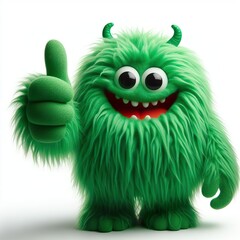 green monster that is Very very soft and fuzzy. giving thumbs up, white background