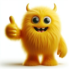 Yellow monster that is Very very soft and fuzzy. giving thumbs up, white background