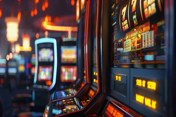 Naklejka premium A row of colorful slot machines with a bar sign on the top. The machines are brightly lit and seem to be in a casin