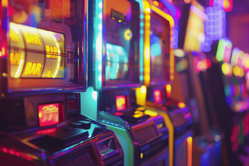A row of colorful slot machines with a bar sign on the top. The machines are brightly lit and seem to be in a casin