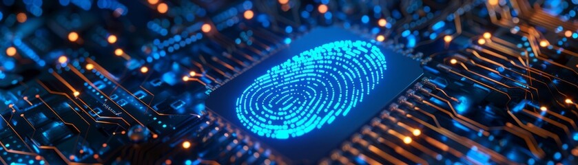 Digital fingerprint on a cybernetic circuit board, glowing blue, symbolizing advanced security technology