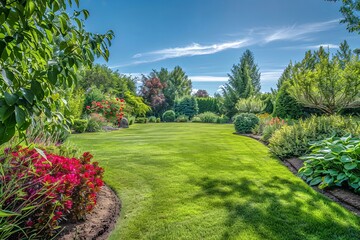A picturesque landscape featuring a manicured garden brimming with healthy shrubs, vibrant blooms, and a pristine lawn