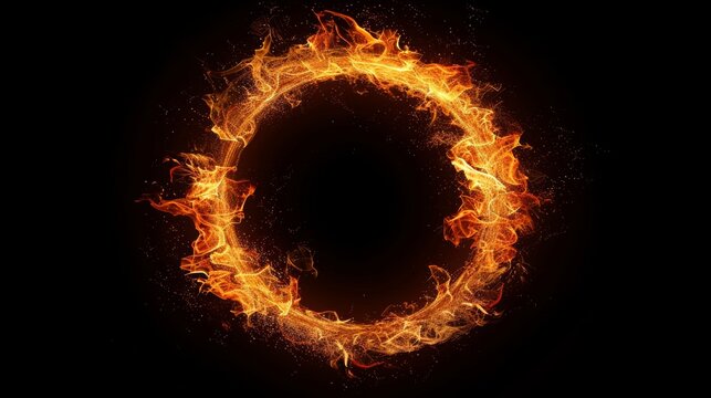 Intense fire ring, flames flickering dynamically, solid black background, stark contrast, highlighting the vivid blaze
