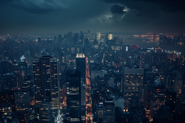 Fototapeta premium City Skyline at Night: Aerial View of Illuminated Skyscrapers
