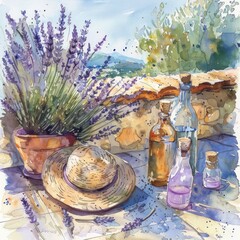Rustic summer still life with a straw hat, lavender bouquet, and olive oil bottle in a sunlit setting.