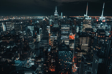 Fototapeta premium City Skyline at Night: Aerial View of Illuminated Skyscrapers