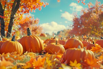 A vibrant pumpkin patch bursting with ripe orange pumpkins of all shapes and sizes, set amidst a backdrop of colorful autumn foliage