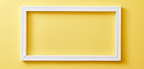 White frame for paintings or photographs on light goldenrod yellow background, modern exhibition concept,