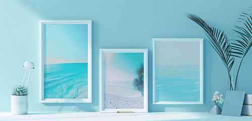 Vector stereoscopic rectangle template set with azure blue scrapbook mockup frame photo collage.