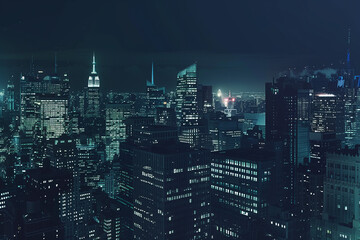 City Skyline at Night: Aerial View of Illuminated Skyscrapers