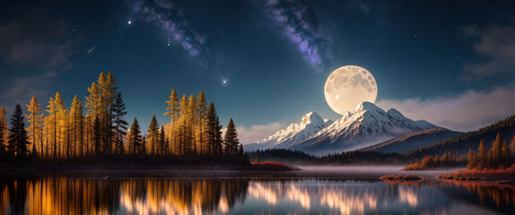 Mountain landscape. Forest panorama. Mirror Lake. Reflection of mountains in water.Moon in the...