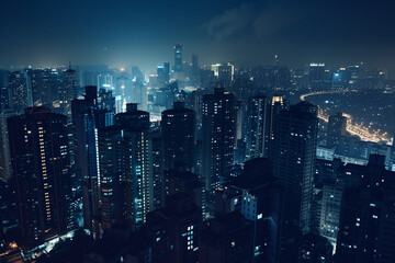 Obraz premium City Skyline at Night: Aerial View of Illuminated Skyscrapers