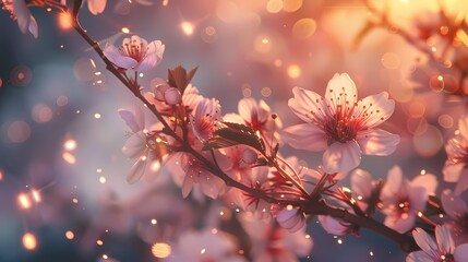A beautiful scene of blooming cherry blossoms, with a defocused background of softly glowing particles -