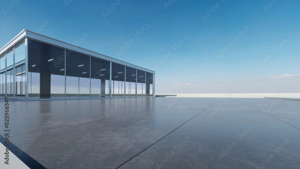 Sticker  3d render of abstract modern architecture with empty concrete floor, car presentation background.